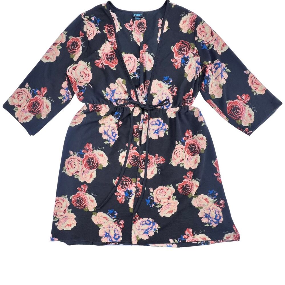 Rue + Cardigan 2X Black Floral Topper Tie Waist Kimono Romantic Flowy Duster - Picture 6 of 10